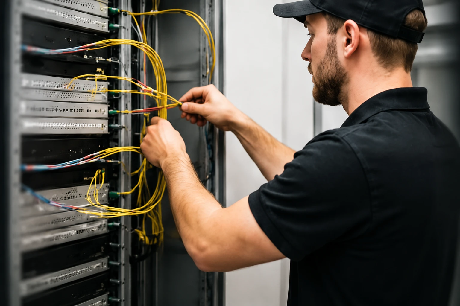 Technician testing optical rack connections