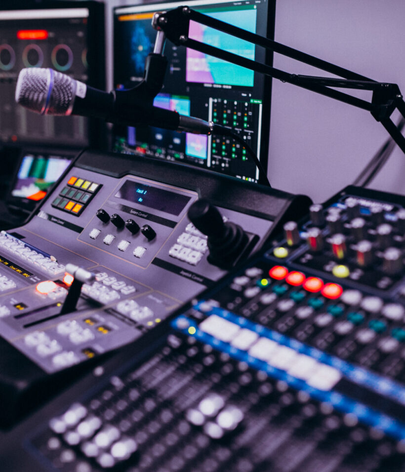 Equipment in an empty musical recording room